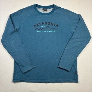 Patagonia Mens “Built to Endure” Blue Organic Cotton Crew Neck Shirt Large